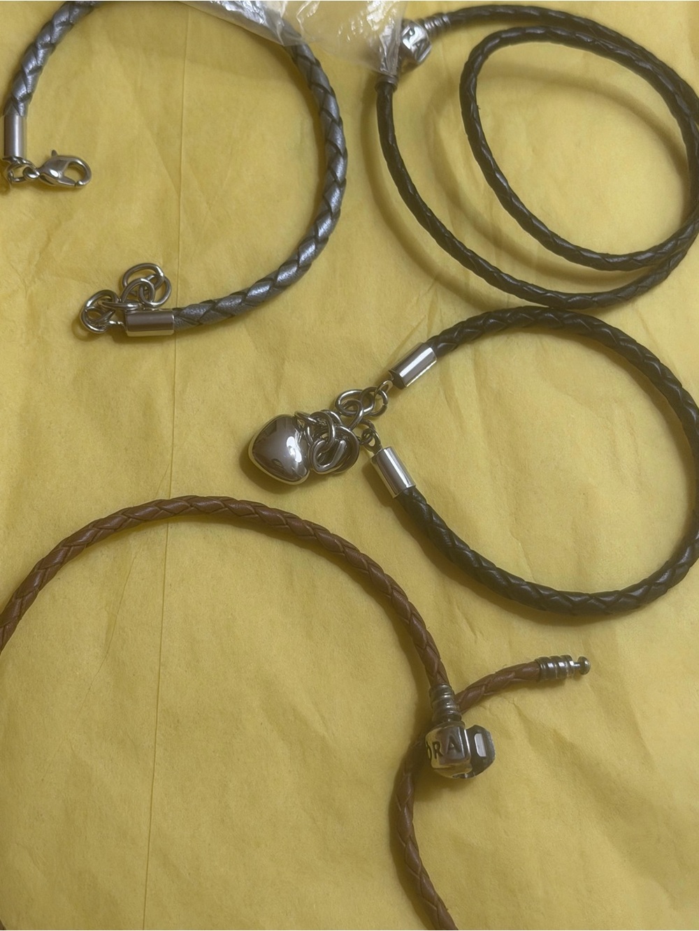 Pandora Sterling silver Braided Leather Bracelet sets of 4 - Black, brown gra